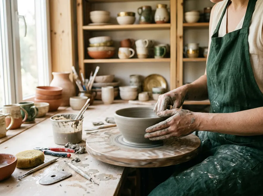 The hands of an independent potter shaping a clay bowl at a sunlit wooden workbench