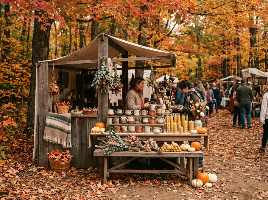 An artisan market booth beneath red and gold maple trees, displaying handmade ceramic mugs, beeswax candles, dried flowers and small pumpkins