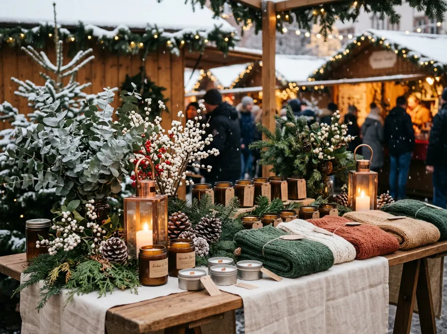 A winter market table with frosted eucalyptus, white winterberry, pine cones, handmade candles and knitted scarves on cream linen